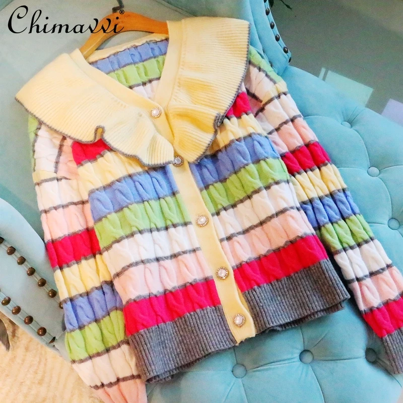 

Вязаный свитер в стиле ретро, Модный облегающий кардиган с контрастными цветами и радужными полосками, воротник «Лотос», пальто с длинными ...