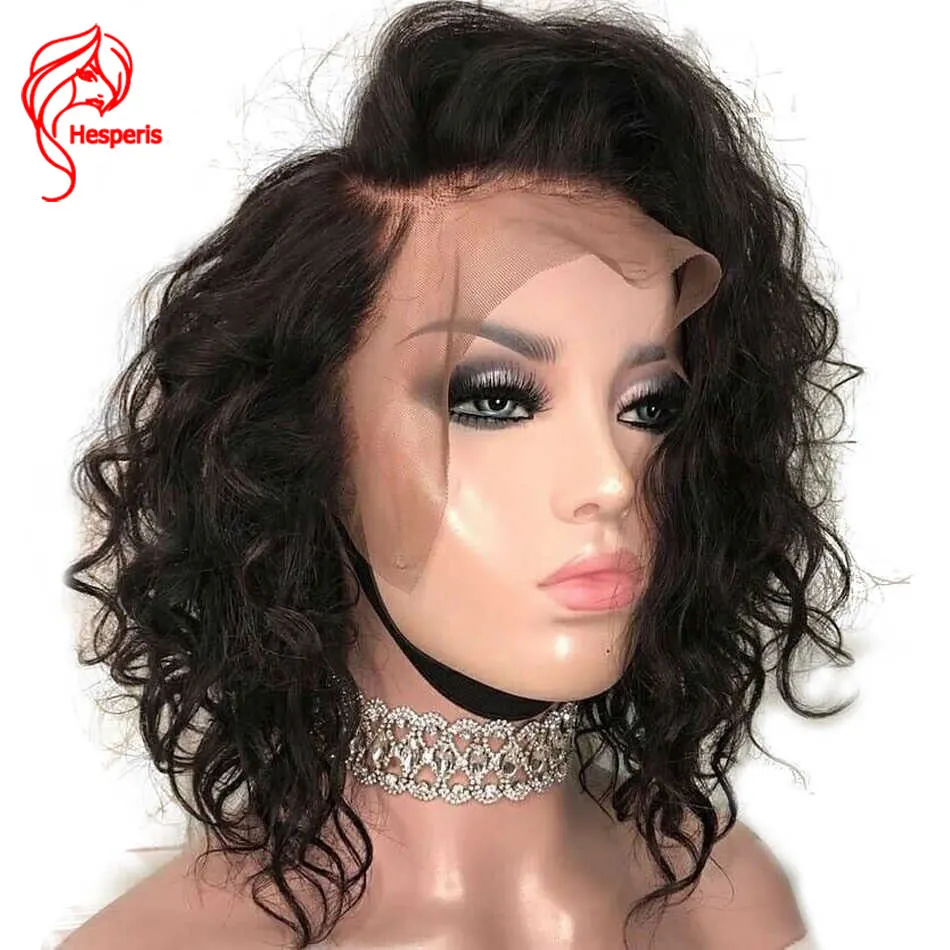 Hesperis Remy Бразильские короткие волосы с волнистыми волнами 13x6 парик с кружевом спереди предварительно сорвал человеческие волосы бесклеевая отбеленные узлы парик