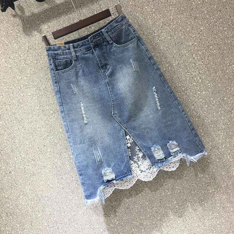 

Winter style New Spring Summer Women Denim Skirts Streetwear High Waist Hole Split Denim Skirt Casual Lace Irregular A-line