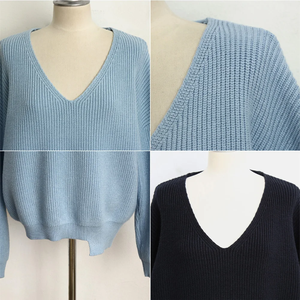

Simple Women V-neck Loose Sweater Versatile Irregular Hem Solid Color Base Sweater d88