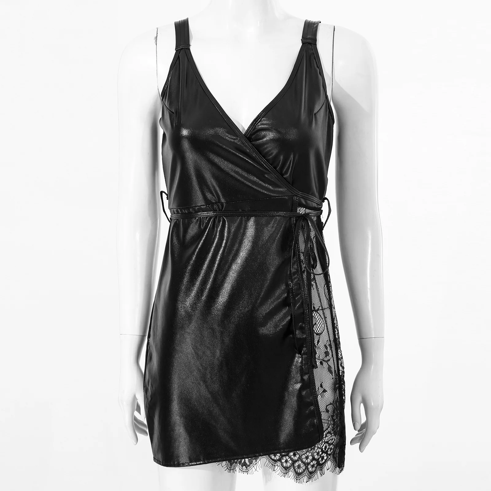 Черное женское платье из лакированной кожи прозрачные кружевные лоскутные