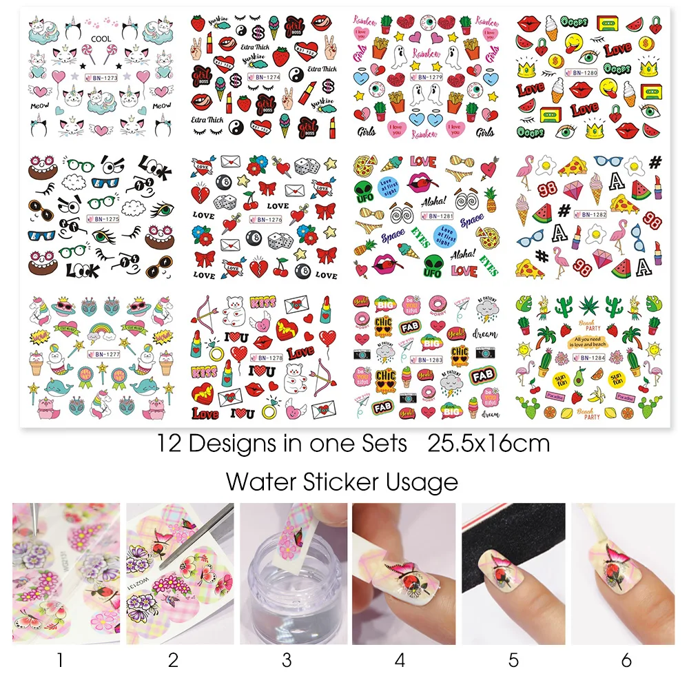 

12 Cute Sticker for Nail Art Foils Lips Cat Pizza Chips Printing Water Adhesive Tips DIY Decals Manicure Stencils CHBN1273-1284