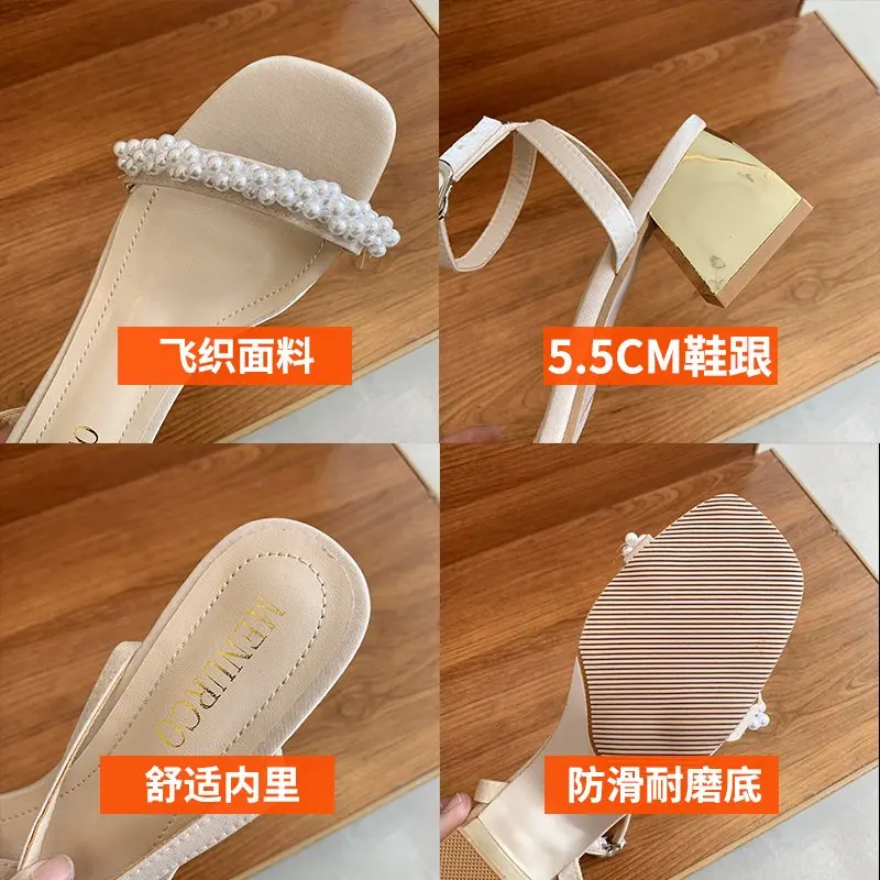 

Female Sandal Med High Heels Black Shoes for Women All-Match 2021 Summer Buckle Strap Espadrilles Platform Girls Medium High-hee