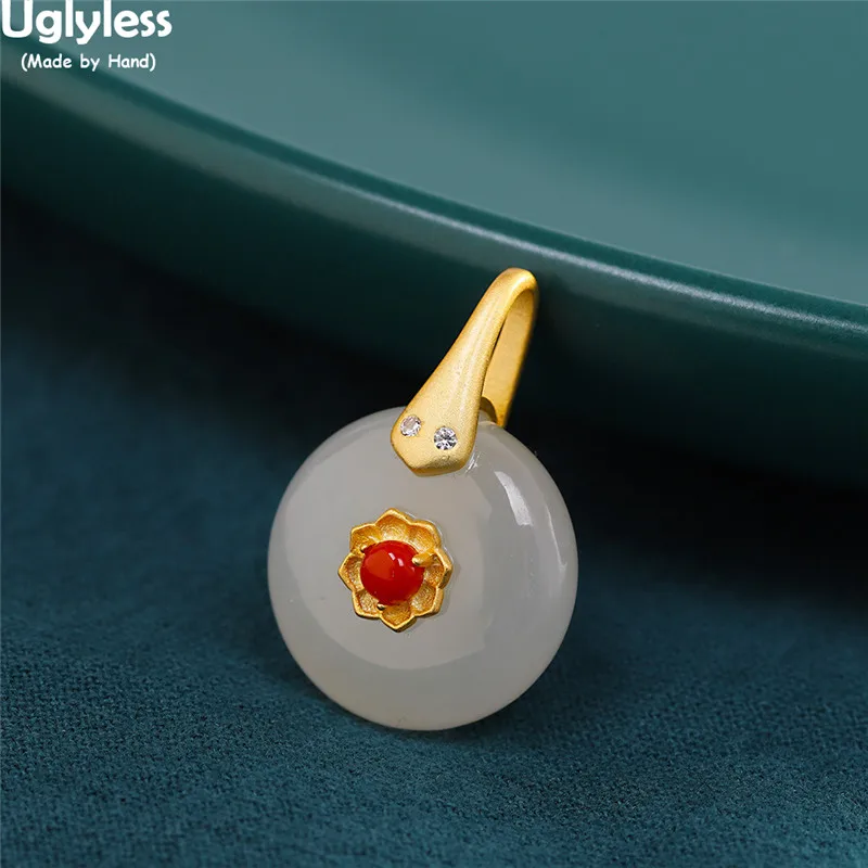 

Uglyless Agate Sunflower Necklaces for Women Natural Jade Pendants NO Chains Gemstones Peace Buttons Fashion Jewelry 925 Silver