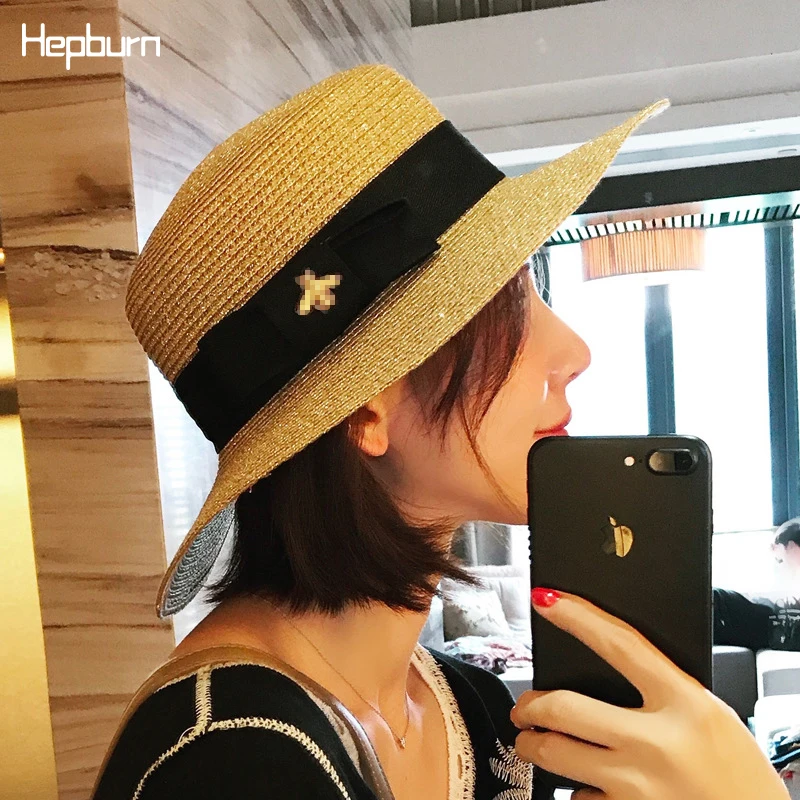 Хепберн новый бренд ретро Весна Лето Золотой Плетеный плоский головной