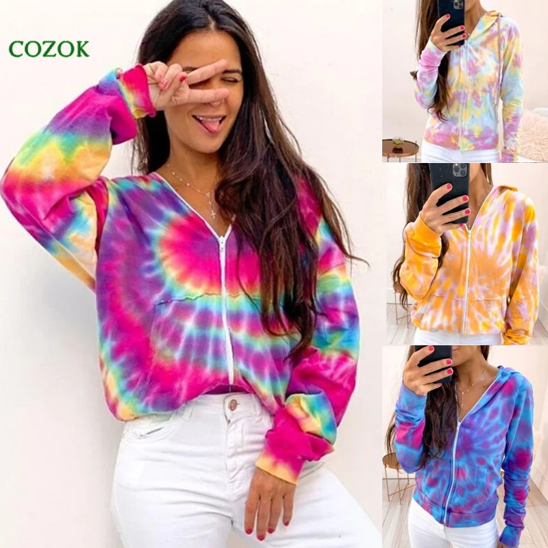 

Printed fleece Women Tie Dye Hooded Coats Outwear Lady Spring Autumn Casual Long Sleeve Jackets Top Girls Streetwear with Zipper