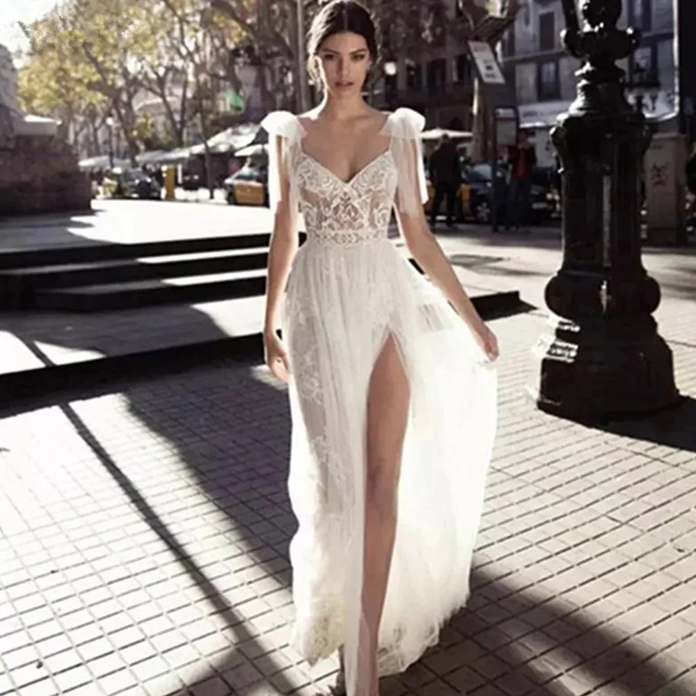 

Sexy Wedding Dresses White For Beach Wedding Dresses A-line Spaghetti Straps Tulle Lace Slit Boho Backless Wedding Gown Bridal D
