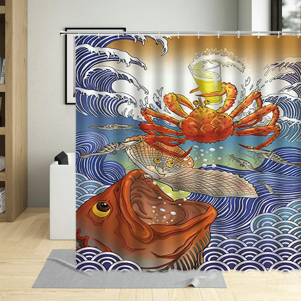 

Goldfish Flower Printing Bathroom Decor Koi Polyester Fabric Waterproof Shower Curtain Wall Decoration Screen With Hooks Curtain