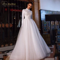 muslim wedding dresses a line high neck long sleeve floor length lace appliques conservative bride gowns vestidos de novia