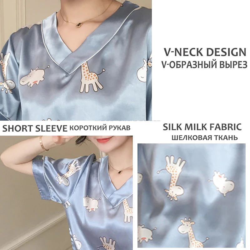 

FINETOO 2PCS Women's V-Neck Pajamas Milk Silk Short Sleeve Woman Suit Trouser Sets Cartoon Sleepwear Shorts Female Pijama Summer