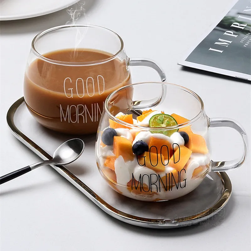 

350ml Transparent Glass Coffee Tea Cup Creative Letter Printed Drinks Dessert Breakfast Milk Cup Glass Mugs Handle Drinkware