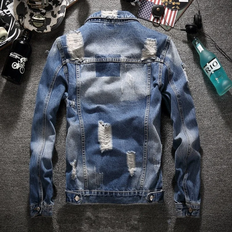 

High Street Men Ripped Hole Washed Denim Jacket Fashion Loose Short Cowboy Jacket Plus Size 5XL Spring Autumn Frayed Coat Male
