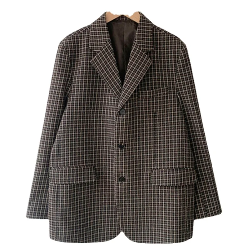 

Autumn Winter Women's Blazers Plaid Pockets Formal Jackets Vintage Fashionable Office Lady Checkered Wild Tops New 2021