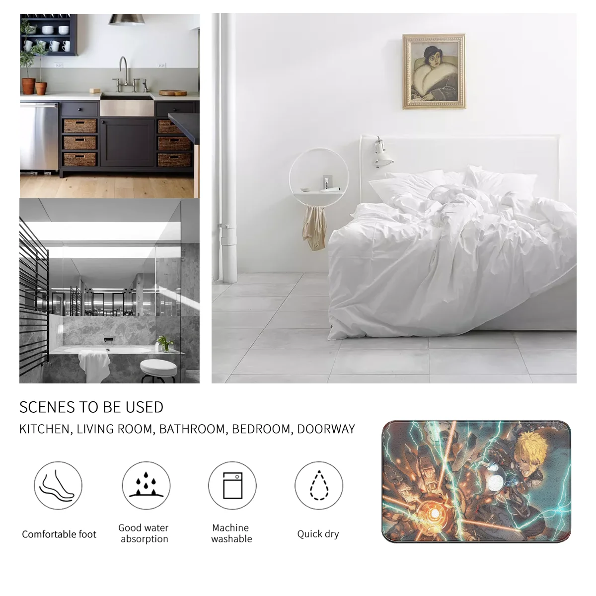 

One Punch Man Graphic Printed Flannel Room Bathroom Mat Doormat Size 40Cm By 60Cm Room Bedroom Home Decoration