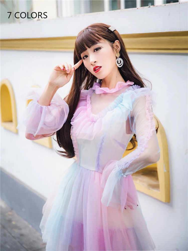 Платье с радужным градиентом весна-лето 2020 сексуальное прозрачное Сетчатое