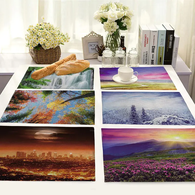 

Table Placemats Cotton Linen Landscape Scenery Printed Kitchen Accessories Insulation Table Dishes Decorations Mats 42*32cm 1pc
