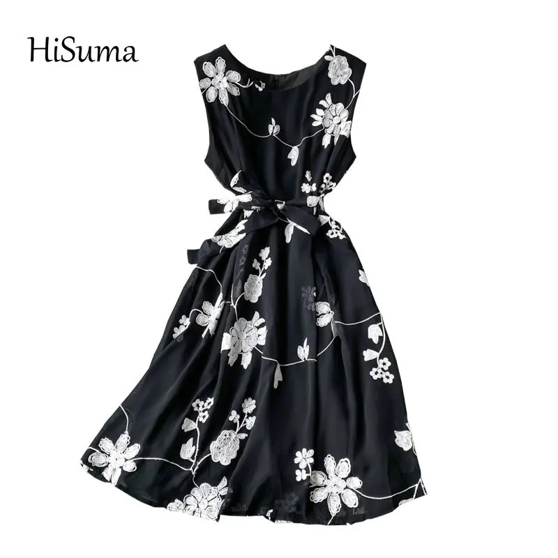 

HISUMA 2021 summer new women chic o-neck flower embroidery lace-up chiffon dress female sleeveless elegant A-line dresses