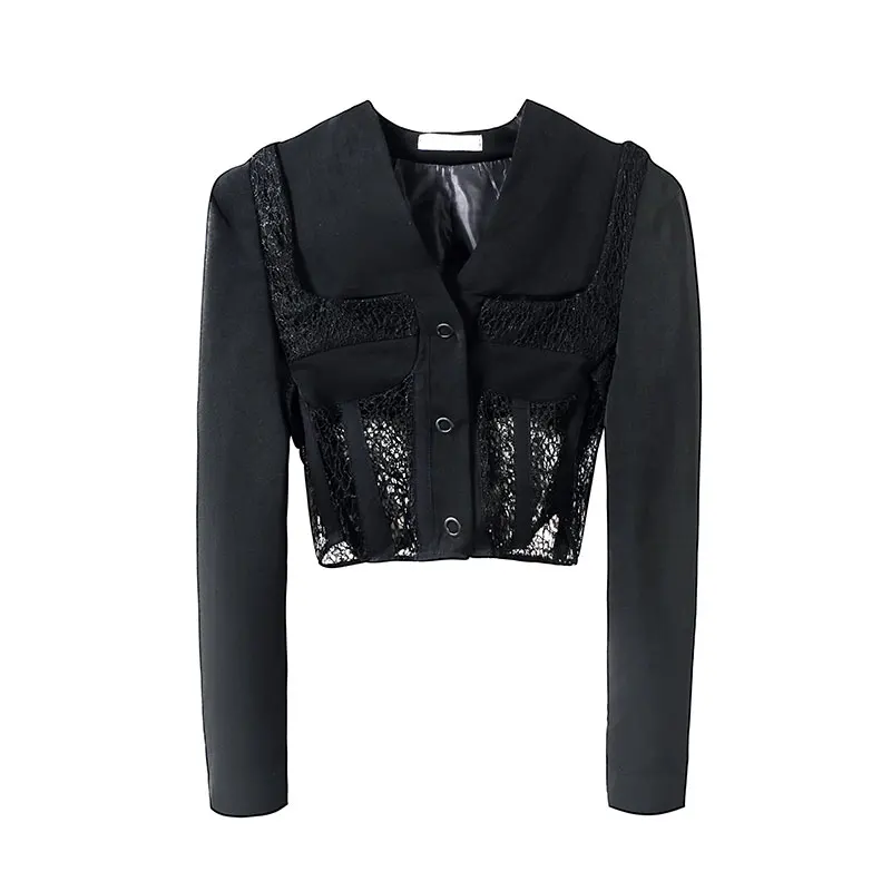 

2021 Spring Autumn New Design Short Fashion Lace Hook Flower Hollow Out Full Slim V Neck Jackets for Women