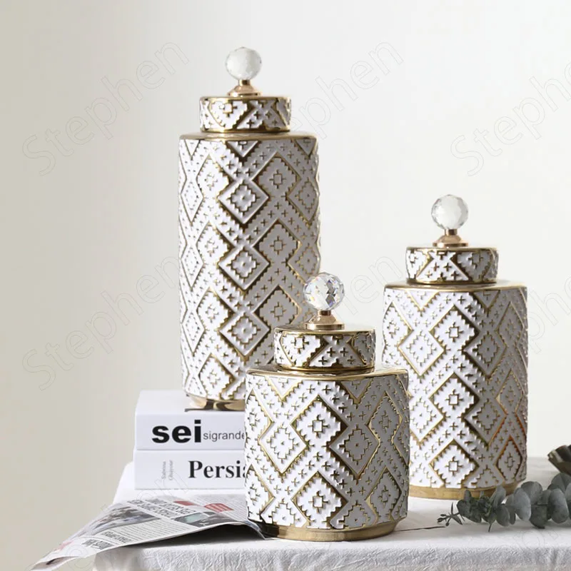 

Hand Painted Golden Stroke Vase Nordic Modern Relief Craft Geometry Flower Vases with Crystal Cover Home Living Room Decoration