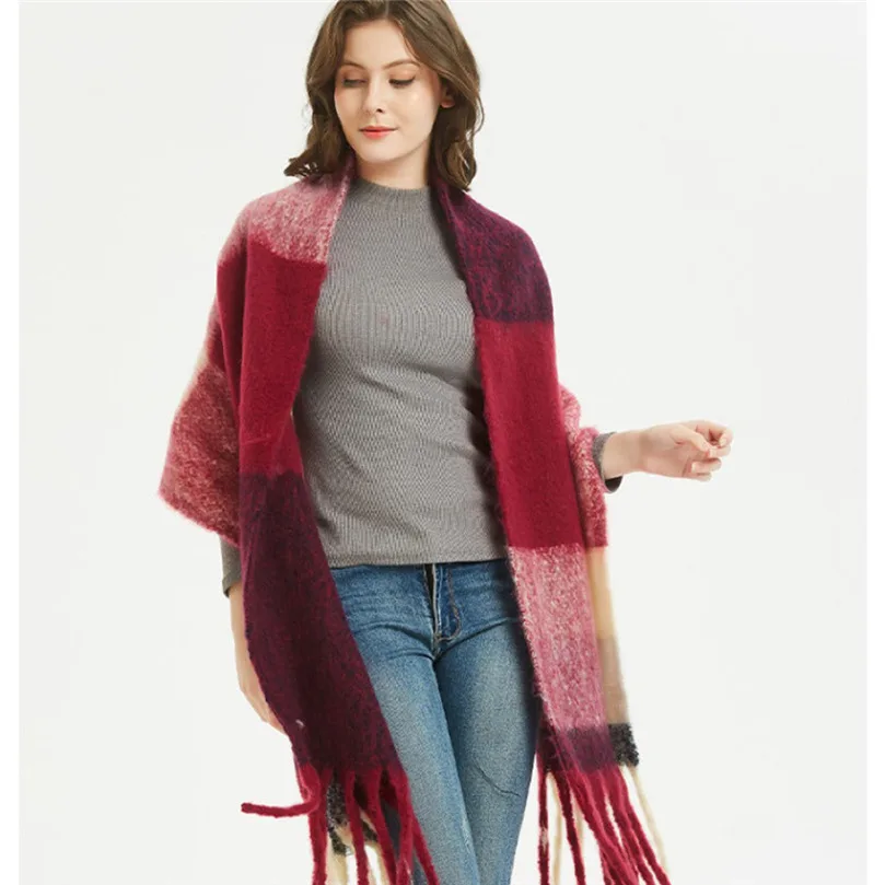 Вязаный осенне-зимний женский шарф Красный Клетчатый теплый кашемировый шали