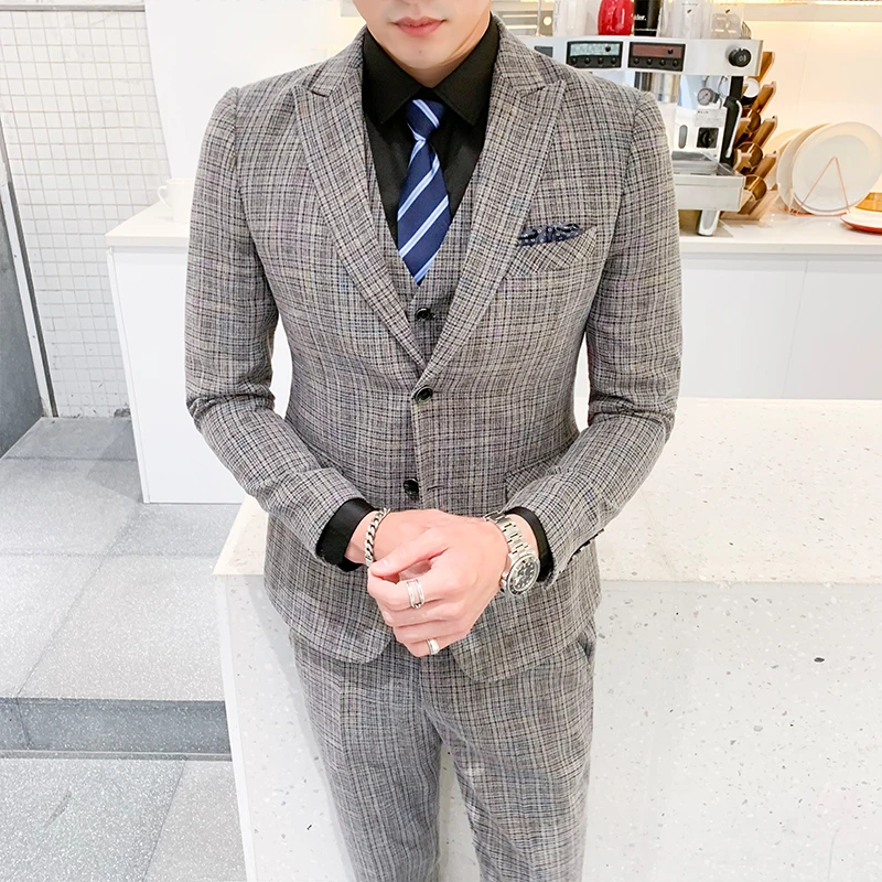 2020 Men's Business Plaid Official Suit Coat Pants Vest 3 PCS Set / Gentleman Groomsman Blazer Jackt Trousers Waistcoat S-5XL | Мужская