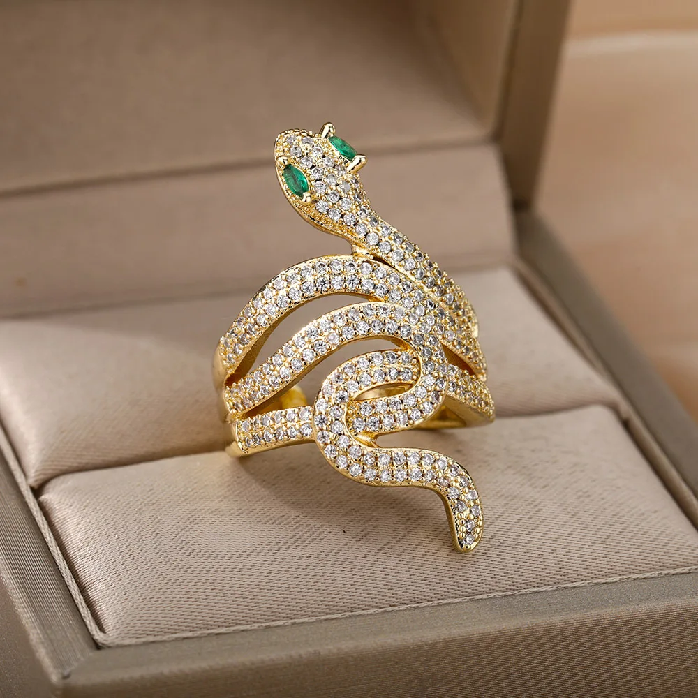 Exaggerated Retro Snake Rings For Women Men Punk Hip Hop Open Adjustable Gold Ring Stainless Steel Zircon Boho Jewerly anillos |