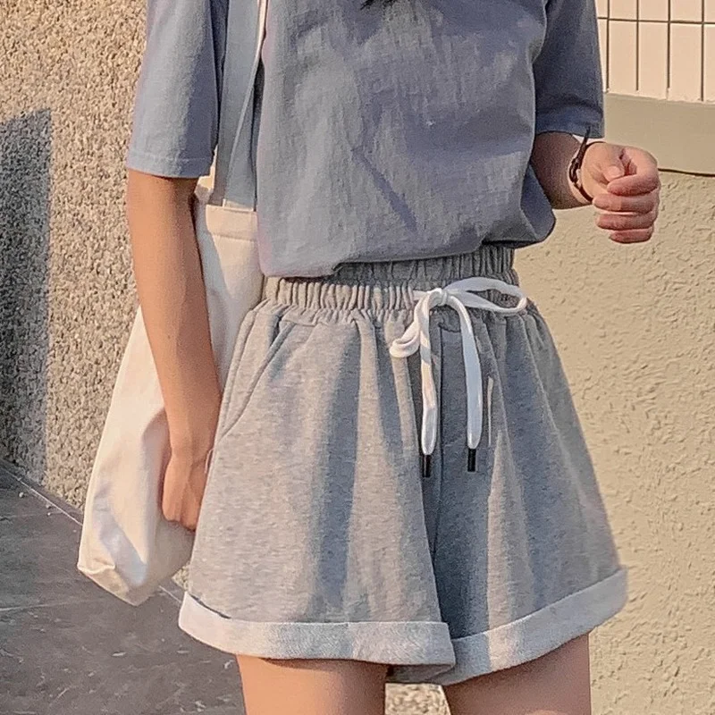 Шорты женские с завышенной талией серые Короткие штаны широкими штанинами и