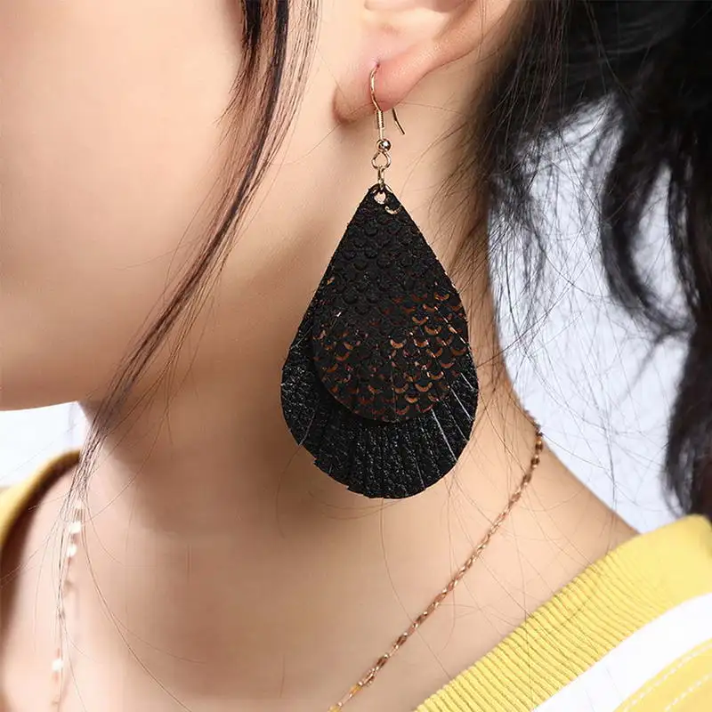 

E7726 ZWPON Gold Blocking Mermaid Genuine Leather Teardrop Earrings for Women Fashion Leather Feather Statement Earrings Jewelry