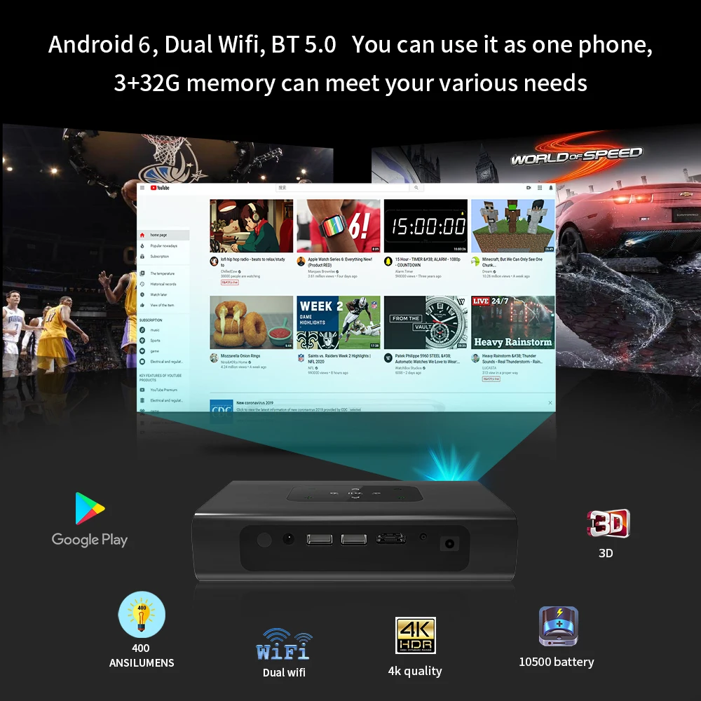 Портативный проектор CRENOVA 4K D15 Android 6 0 Wi Fi 3D батарея 10500 мАч 6000 лм 300 дюйма 1080P мини