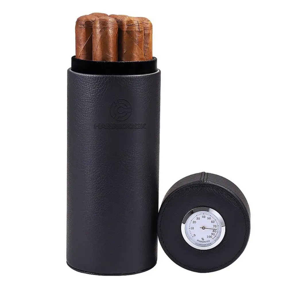 

COHIBA Leather Cigar Case Cedar Wood Lined Tube Fit 5 Cigars Mini Travel Humidor Box with Long Humidifier Hygrometer