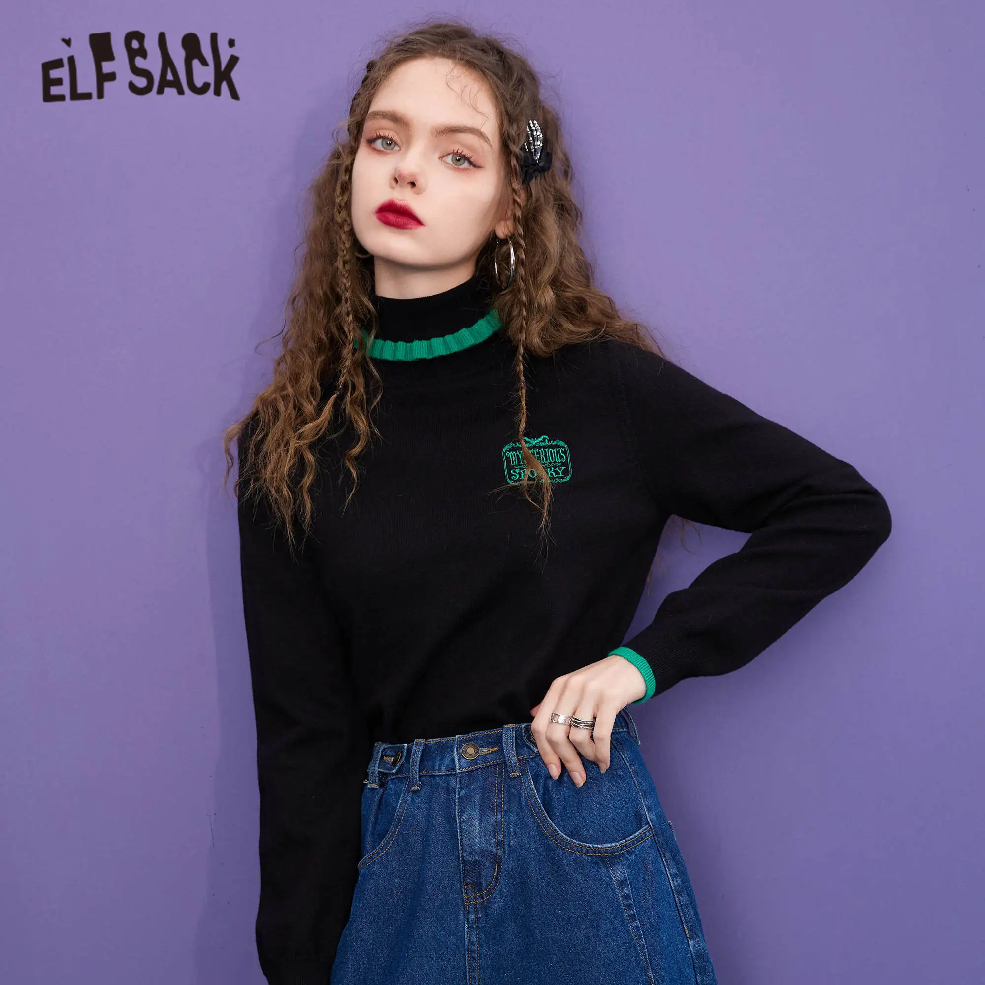 

ELFSACK однотонный Повседневный вязаный базовый Женский пуловер трикотажный топ, 2021 зимние винтажные минималистичные корейские ежедневные св...