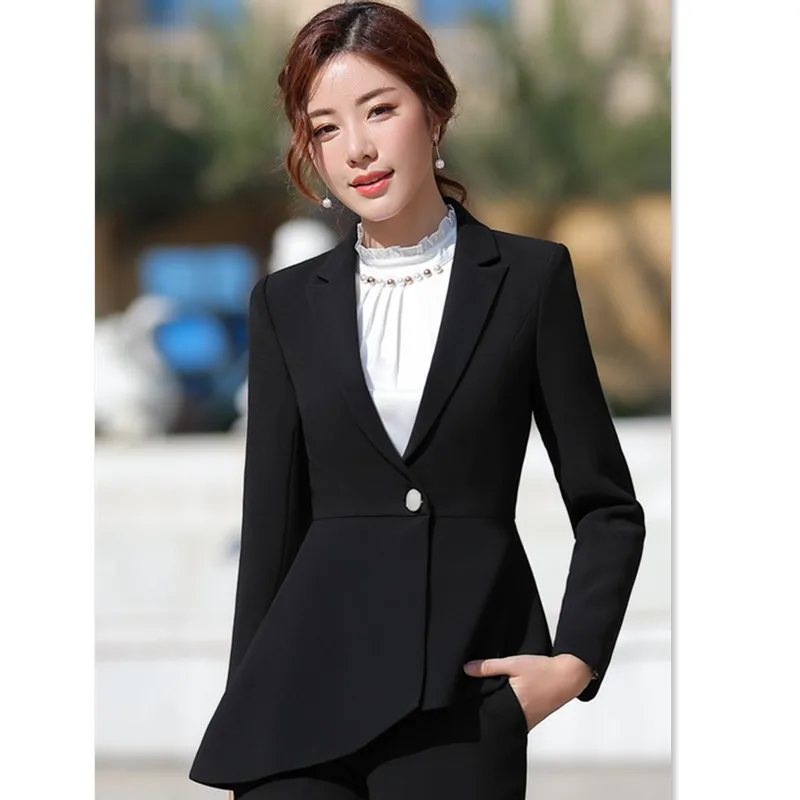 black jacket Белый офисный костюм, Женская юбка, асимметричные оборки, куртка, юбка, комплект, коллега, студенческий, интервьюер, Рабочий костюм 80879 - Цвет: black jacket
