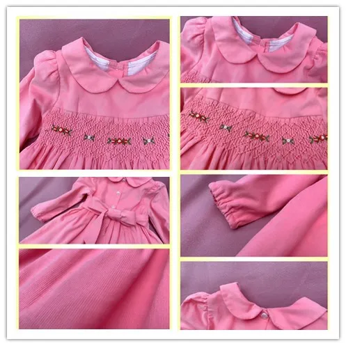 

Yoliyolei Smocked Style Girl Dress Cable Cotton Long Sleeve Big Bow Doll Collar Dress Autumn Winter Casual Kids Clothing