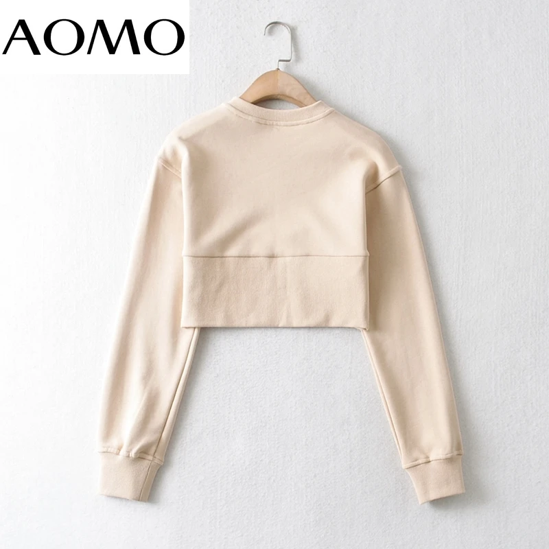 

AOMO Women Fashion Solid Crop Sweatshirts Long Sleeve O Neck Pullovers Female Tops CO7A