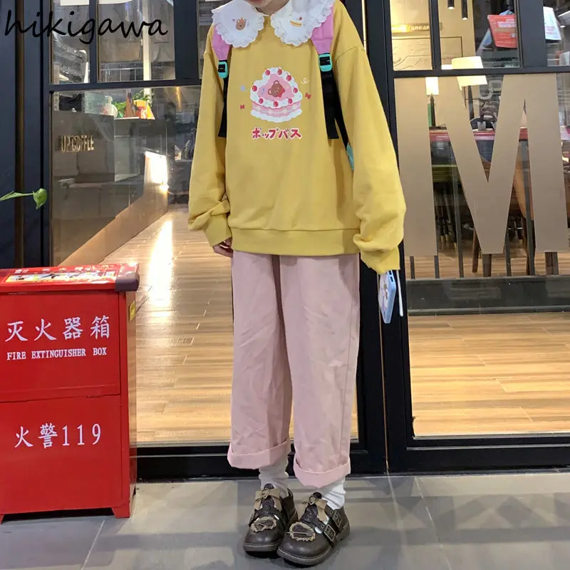 

Hikigawa 2021 Autumn Cake Printing Japanese Cute O Neck Hoodie Women Loose Wild Long-sleeve Sweater Sweet Student Pullover Tops