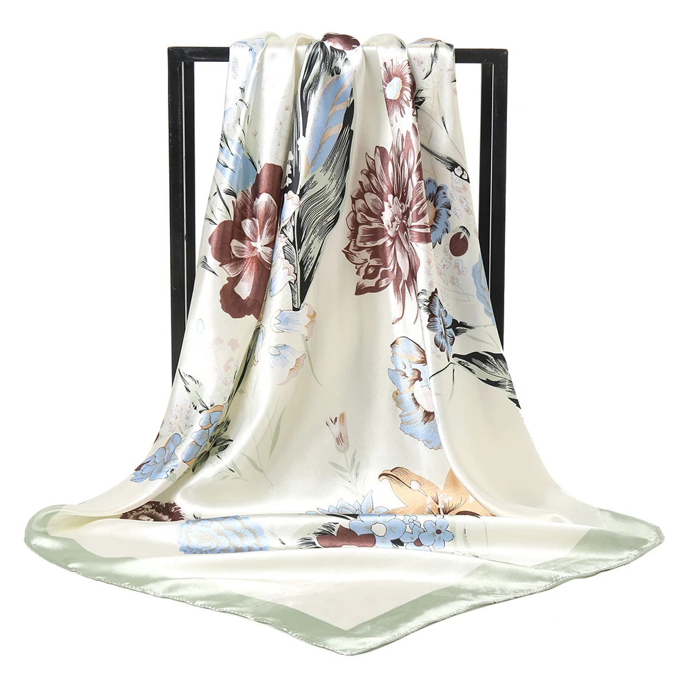 

Женский квадратный шейный платок, шелковая повязка на голову из полиэстера с цветочным принтом, лето 2021