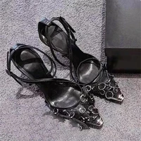 sexy black mesh women sandals metal toe high heels circle decor summer sandal ankle straps dress shoes woman sandalias mujer