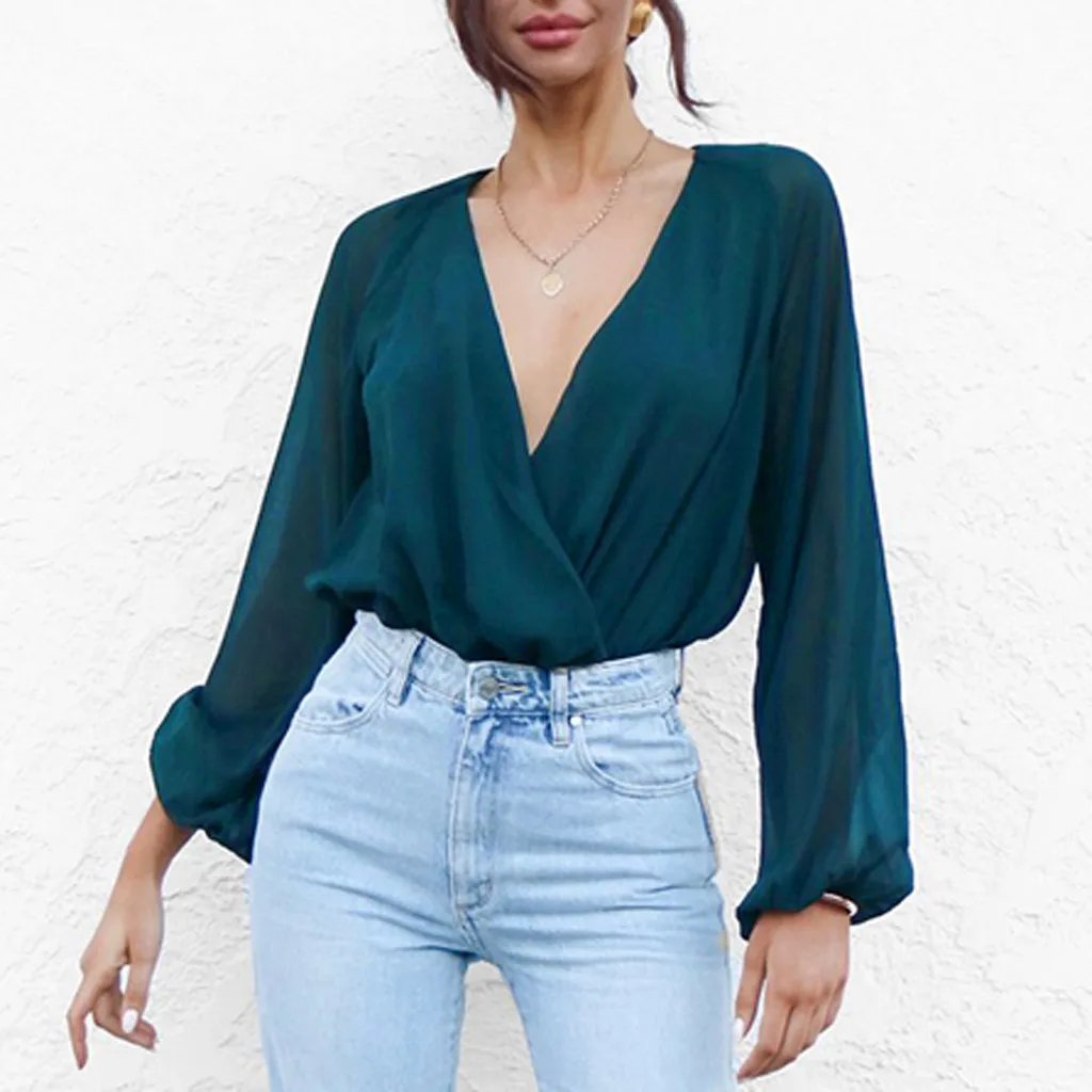 SAGACE Сексуальная шифоновая женская рубашка с глубоким v образным вырезом блузка