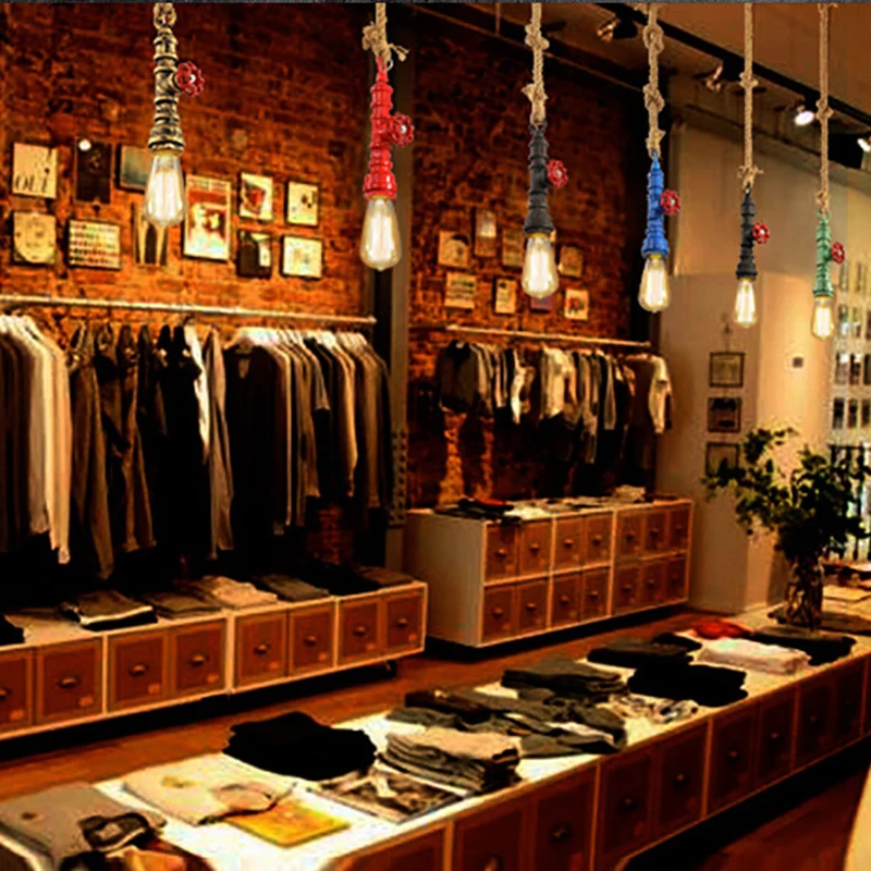 

DIY loft retro industrial vintage Steampunk water Pipe colorful pendant lamp e27 hemp rope light for bar Restaurant dining room