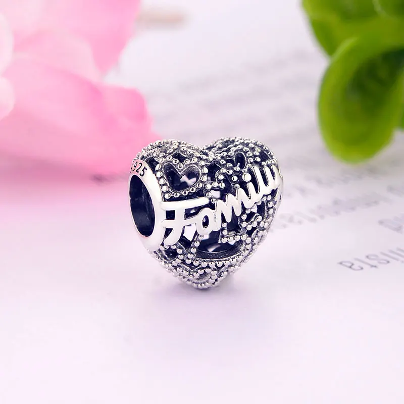 100% Серебро 925 пробы ажурное сердце семейный бисер подходит для оригинальной