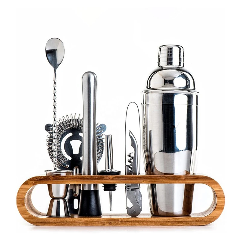 

10pcs/Set Cocktail Shaker Stirrer Kit Stainless Steel Bartender Set With Wooden Stand Bartender Drinking Tool For Bar Party