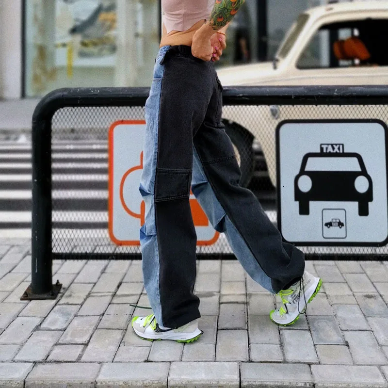 

VGH Casual Patchwork Hit Color Denim Women's Pants High Waist Loose Autumn Wide Leg Jeans Female 2020 Fashion Clothing