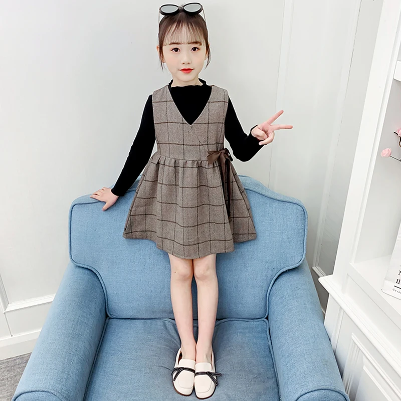 Girls Grey Plaid Dress T Shirt Kids Teenagers Spring Autumn Outwear Vestidos Children Clothing Set Blouse Skirt