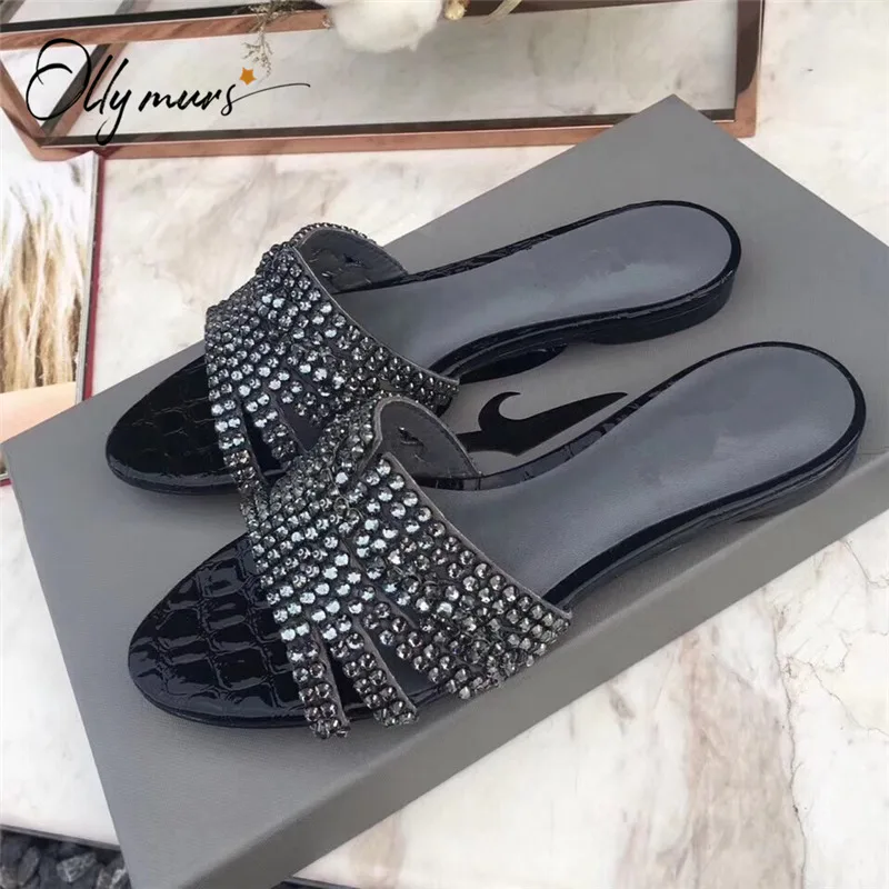 

OllyMurs/Новинка; Стильная летняя обувь из натуральной кожи; женские шлепанцы; женская повседневная обувь с открытым носком, украшенная кристал...