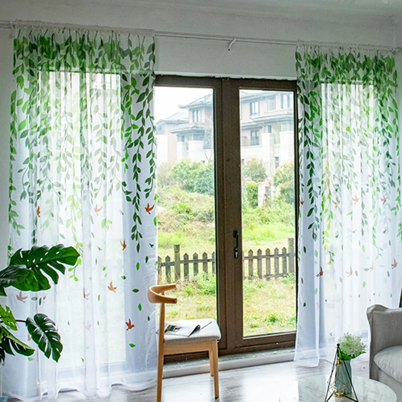 Modern Leaf Bird Printed Yarn Curtain Window Tulle Curtains For Living Room Kitchen Treatments Voile | Дом и сад