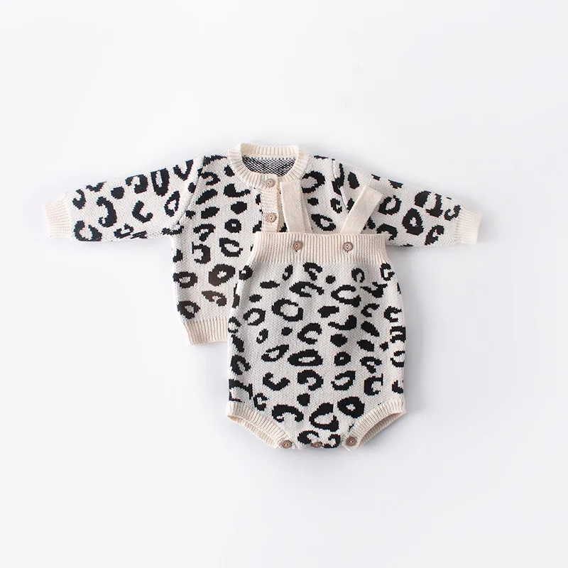 

Baby Girls Leopard Knitted Romper Cardigan Sweater Toddler Spring Auntumn Winter Clothing Set