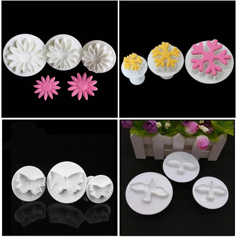 

3Pc Plastic Fondant Cake Decorating Sugar Craft Plunger Biscuits Cookie Cutter Flower Snowflake Pigeon Star Mold Home Cake Tools