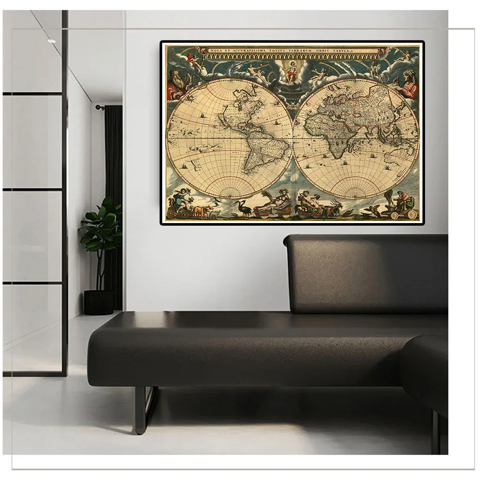 

84*59cm Vintage Poster Retro World Map Canvas Painting Wall Art Picture Children Education Supplies Home Decoration