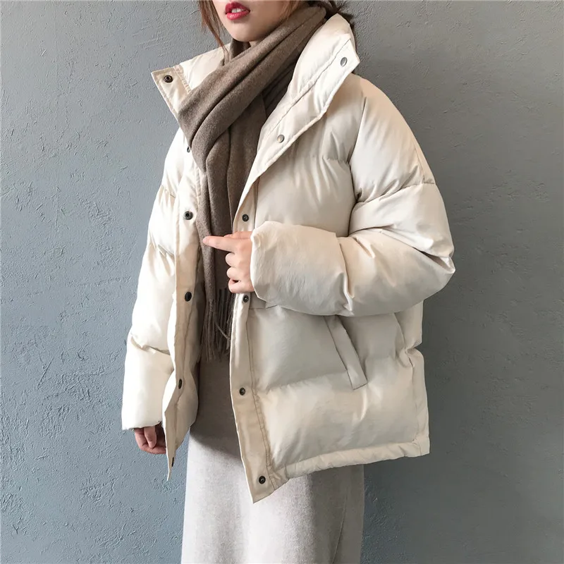 

Fashion Solid Women's Winter Down Jacket Stand Collar Short Single-breasted Coat Preppy Style Parka Ladies Chic Outwear Female