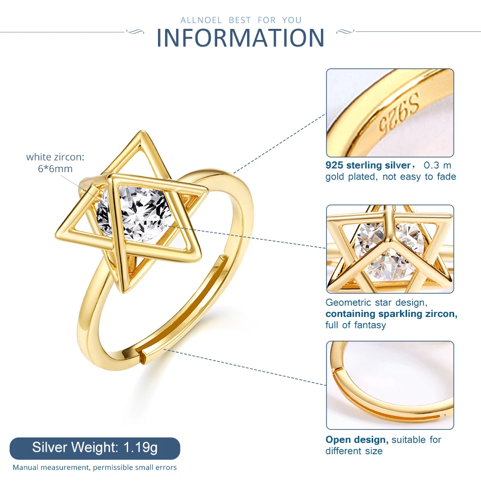 ALLNOEL 925 пробы Серебряное кольцо из циркона геометрическое со звездным дизайном